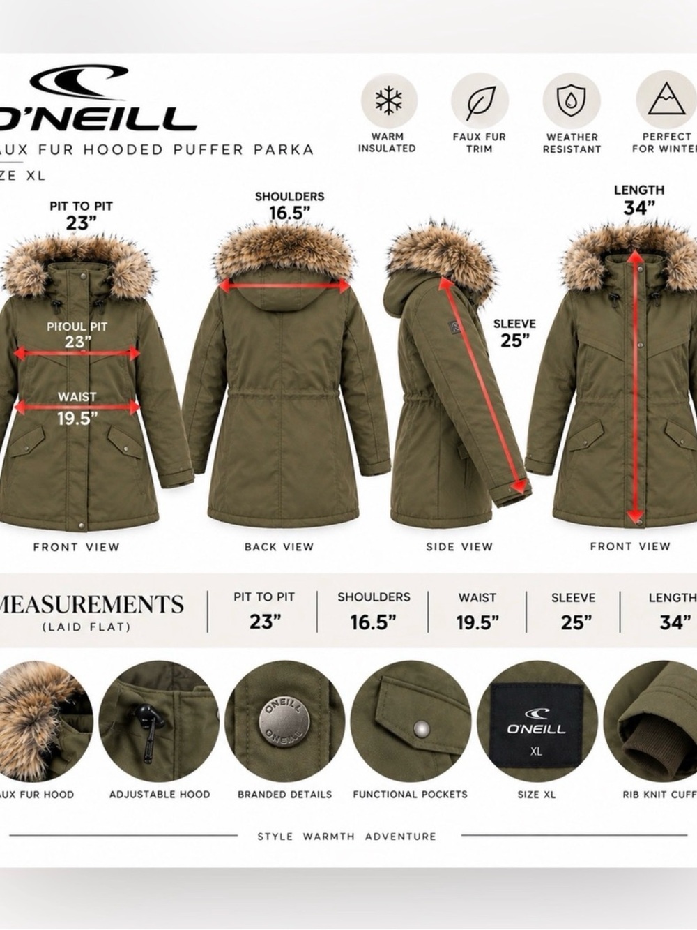 O'Neill Olive Green Hooded Parka with Faux Fur Trim size XL - Picture 6 of 6